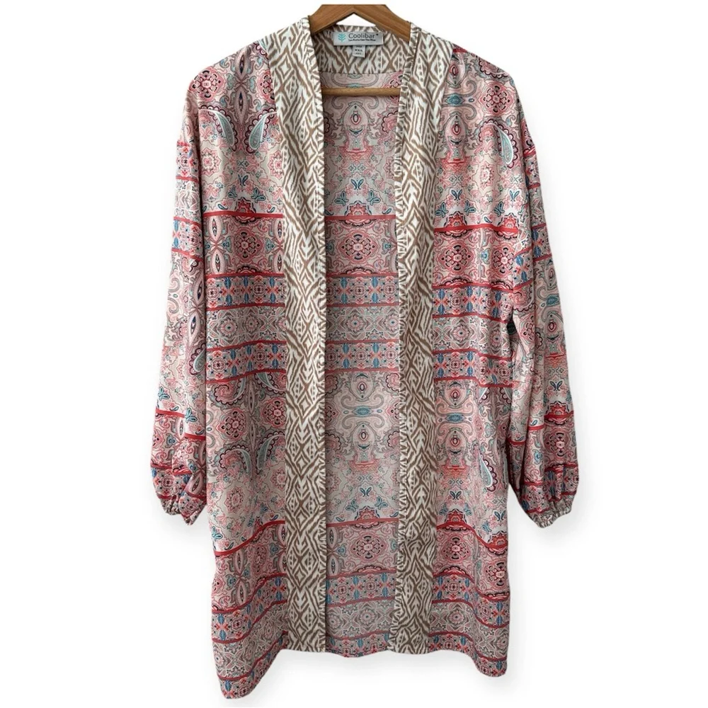 Coolibar Ikat Paisley Print UPF50+ Kimono Swim Cover Up XXS